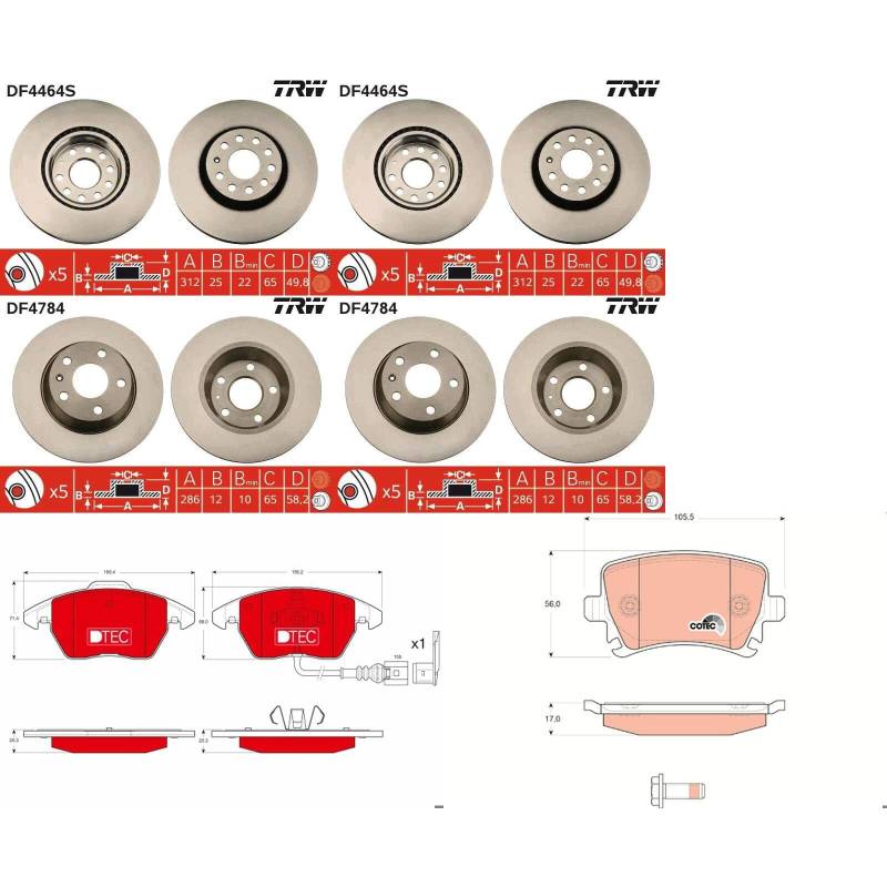 TRW Bremsscheiben + Beläge vorne + hinten passend für TT 8J Bj. 2008-2014 von BandelOne
