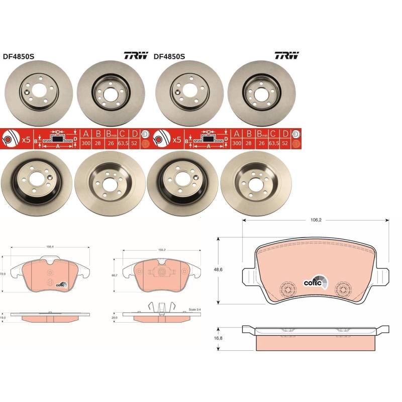 TRW Bremsscheiben + Beläge vorne + hinten passend für V70 V60 XC70 S60 S80 von BandelOne