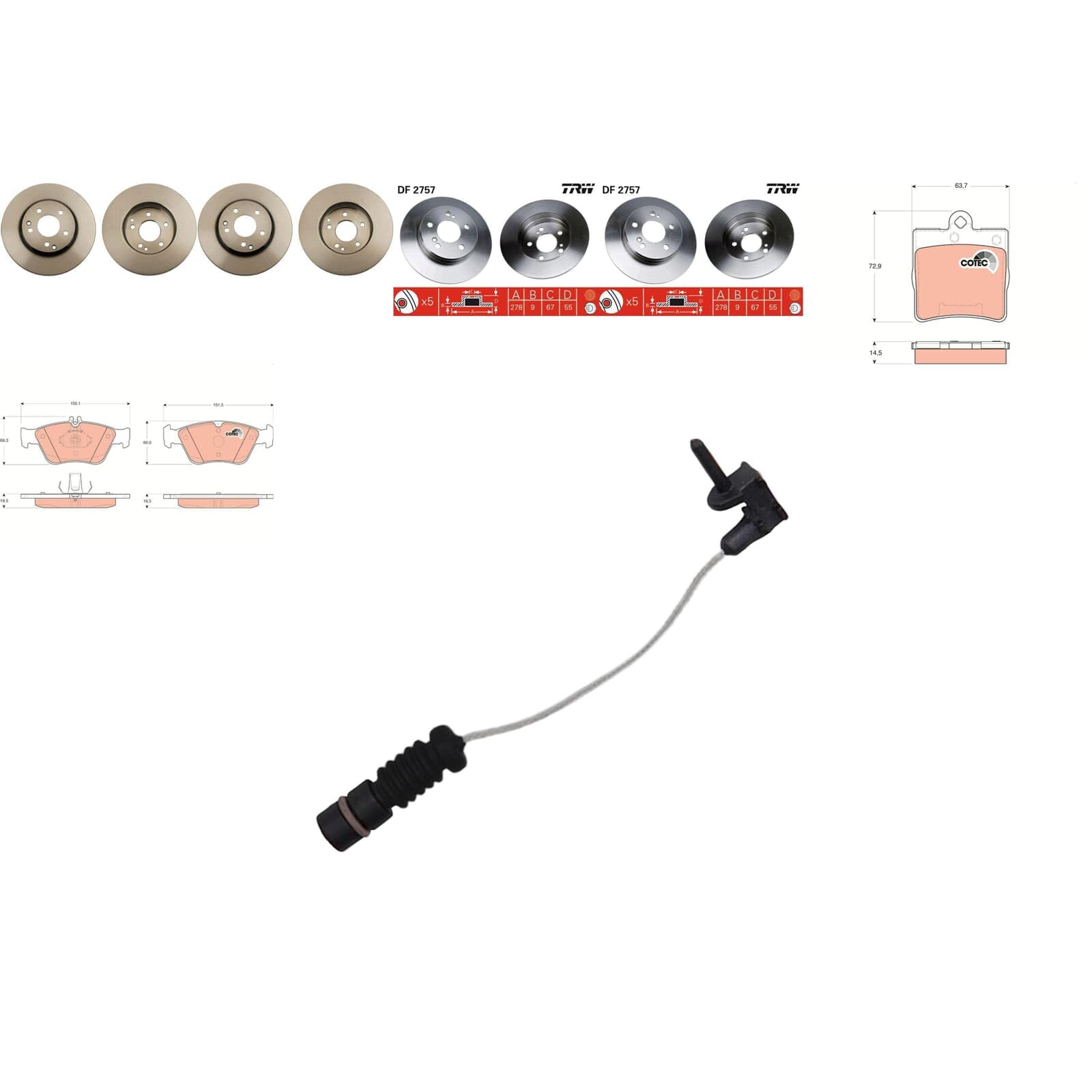 TRW Bremsscheiben + Beläge vorne + hinten passend für W202 W210 C/E-Klasse von BandelOne