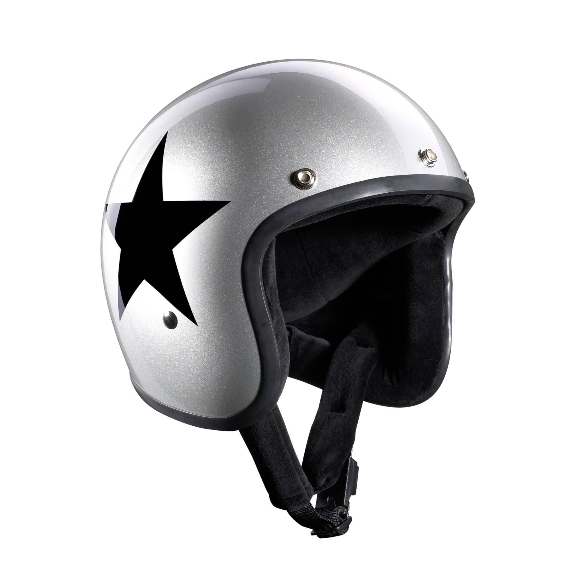 BANDIT Open Motorcycle Helmet Jet Star Silver Gloss Custom Biker Style Visor Included Silver Gloss Star Open Helmet Stars (S) von Bandit