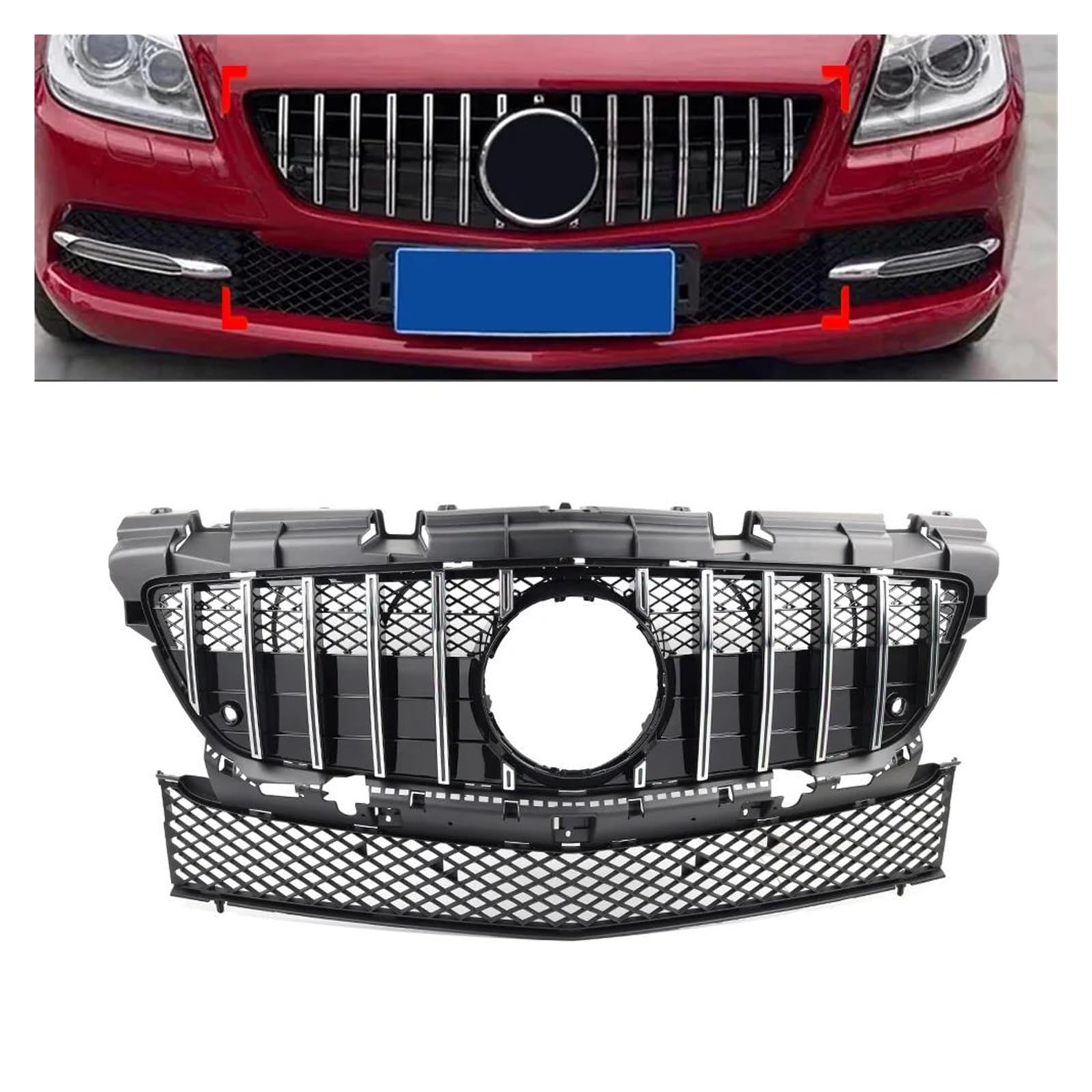 Auto Kühlergrill Für Benz Für SLK Klasse R172 SLK200 SLK350 SLK250 2011-2016 Auto Vorderen Stoßfänger Racing Grill GTR Stil Kühler Haube Grille Front Kühlergrill(Chrome) von Barhbt