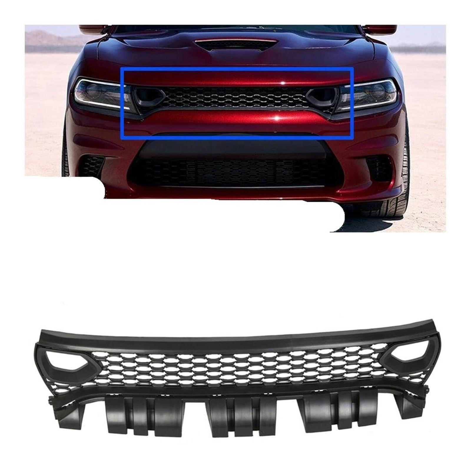 Auto Kühlergrill Für Dodge Für Charger SRT Scat Pack Daytona 2015–2019 Mit Doppeltem Ansaugloch, Obere Stoßstangenansaughaube, Mesh-Frontgrill, Renngrills Front Kühlergrill von Barhbt