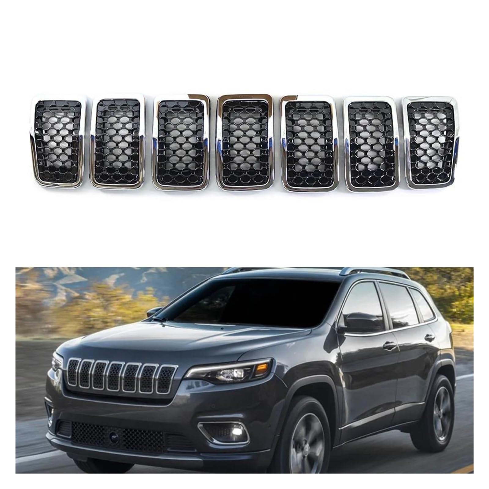 Auto Kühlergrill Für Jeep Für Cherokee 2019 2020 2021 2022 7Pcs Glänzend Schwarz/Chrom Auto Vorderen Stoßfänger Niere Mesh Grille Front Kühlergrill(Chrome Black) von Barhbt