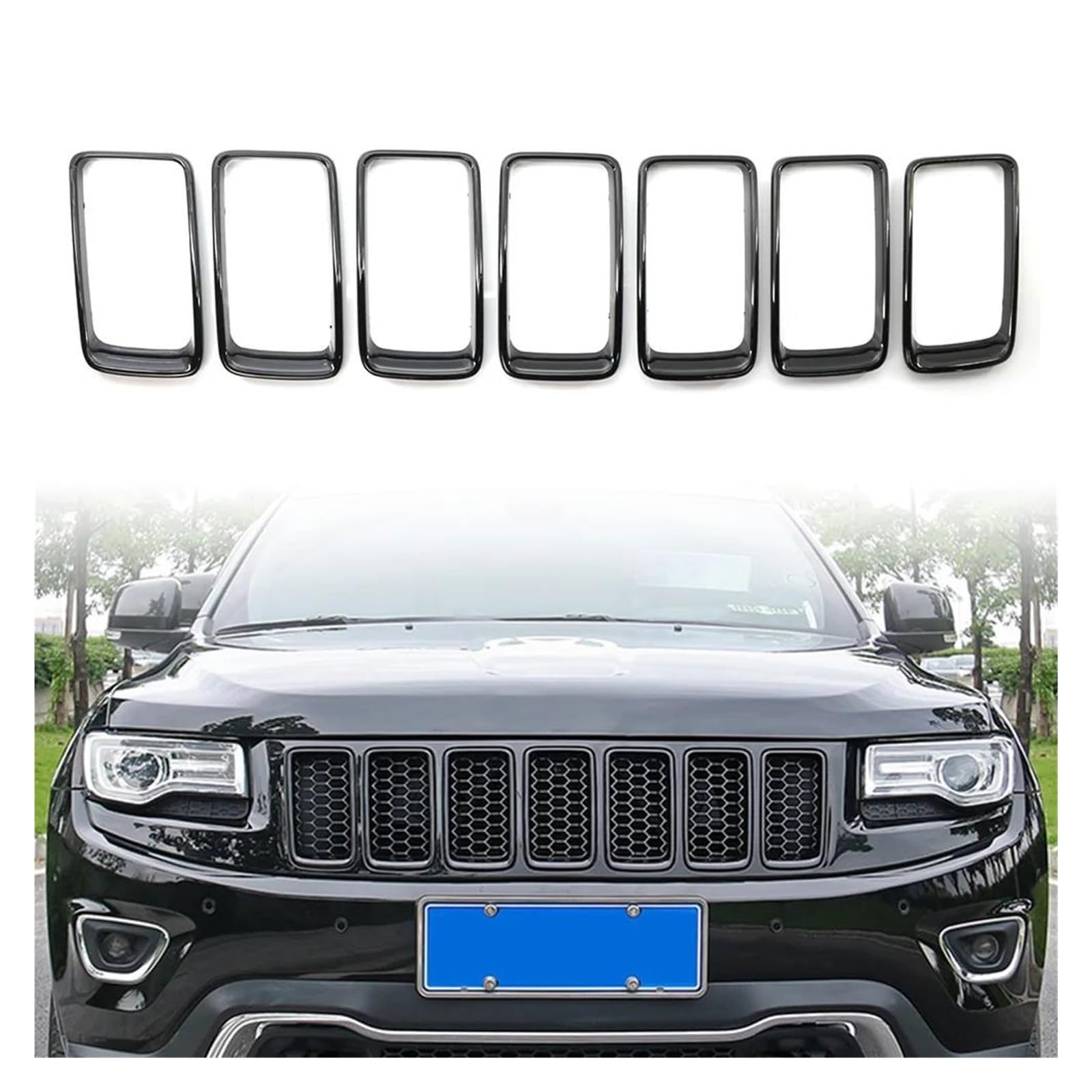 Auto Kühlergrill Für Jeep Für Grand Für Cherokee 2014 2015 2016 Eingesetzte Ring Trim Abdeckung ABS Kunststoff Chrom/Schwarz Auto Front Grille Grill 7 Teile/Satz Front Kühlergrill(Schwarz) von Barhbt