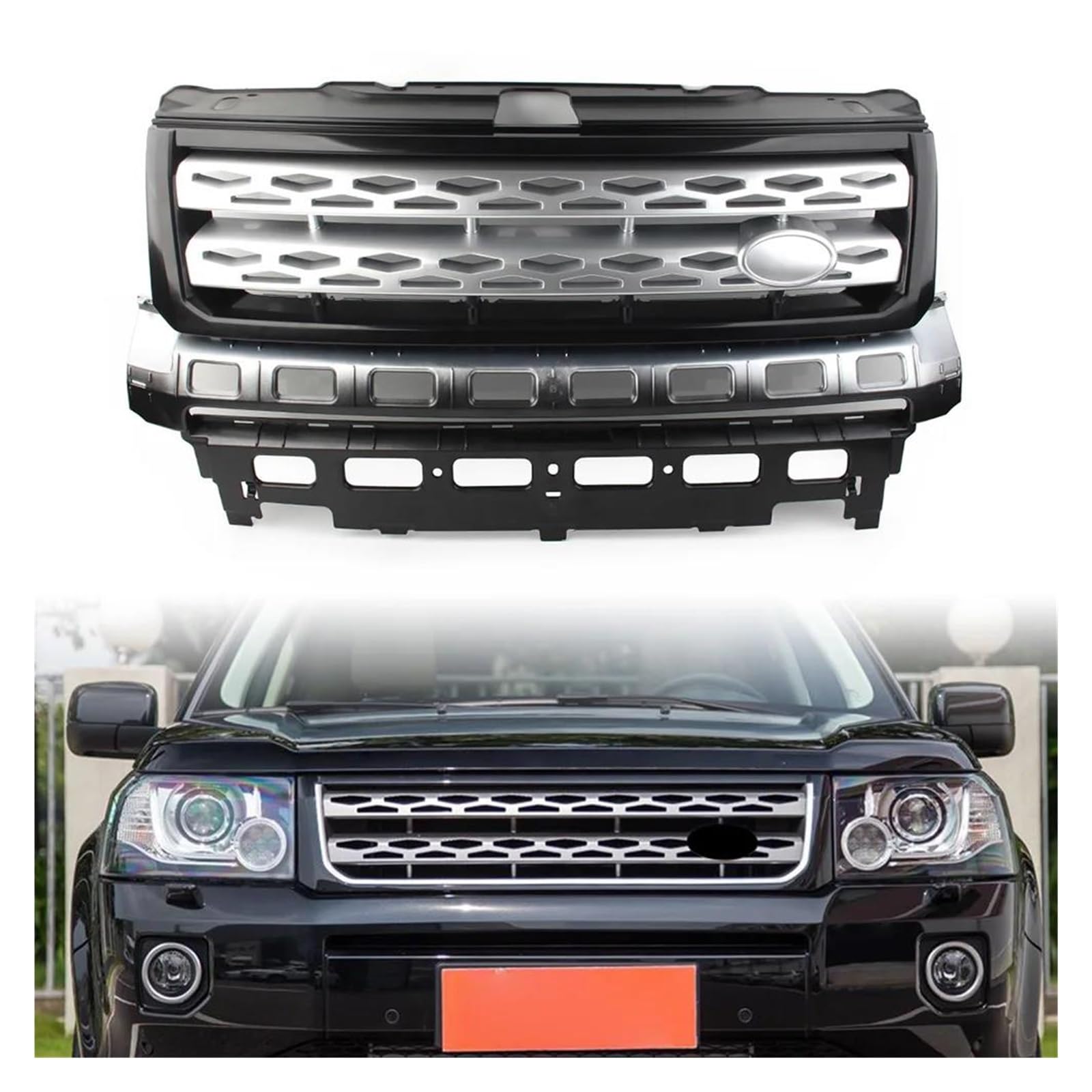 Auto Kühlergrill Für Land Für Rover Freelander 2 LR2 2010 2011 2012 2013 2014 2015 2016 Auto Zubehör Teile ABS Front Grille Stoßstange Mesh Grill Front Kühlergrill(Black Black Silver) von Barhbt