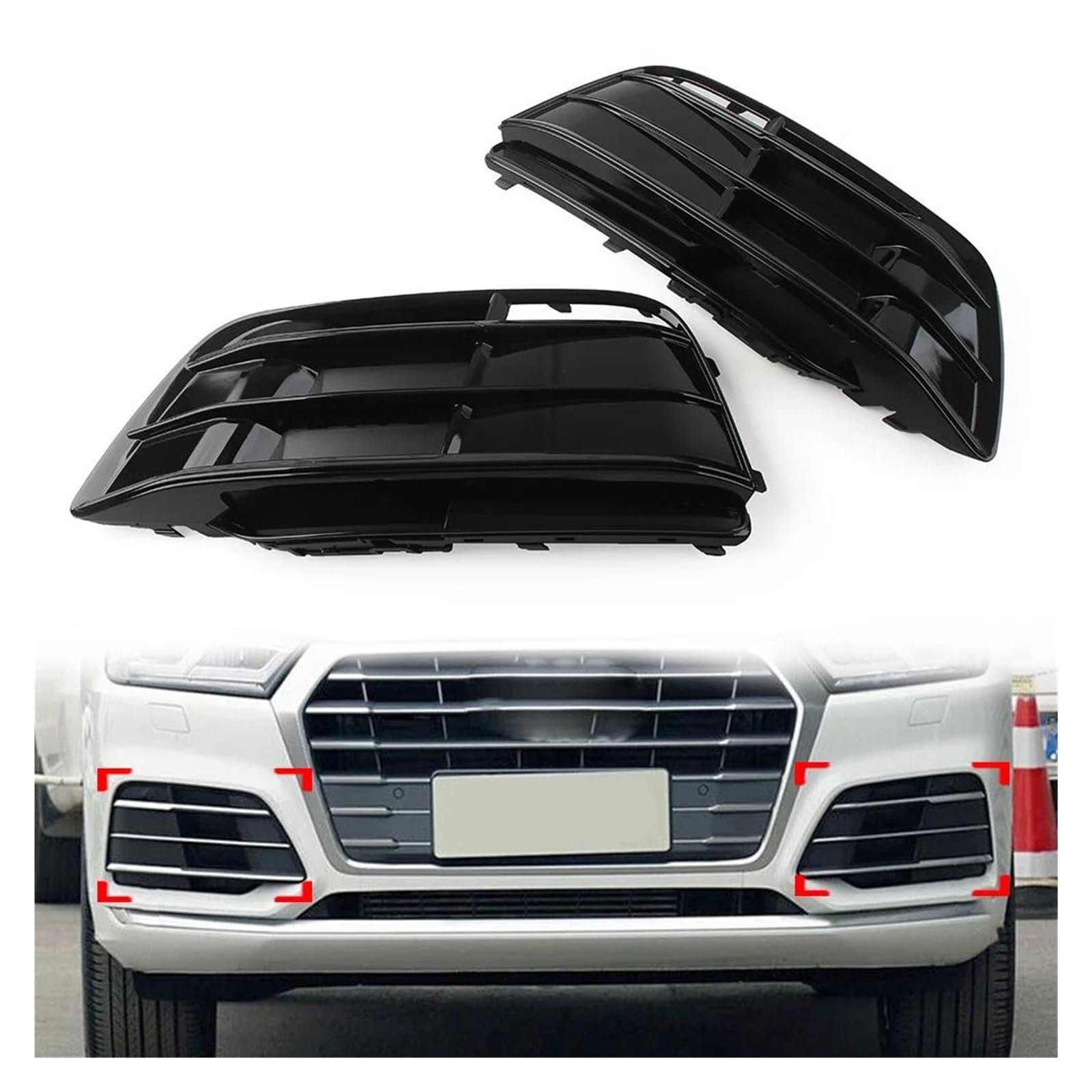 Auto Kühlergrill Für Q5 S-line SQ5 2018 2019 2020 2021 2022 Schwarz 2Pcs Auto Front Stoßstange Nebel Licht Kühlergrill Grill Abdeckung Front Kühlergrill von Barhbt