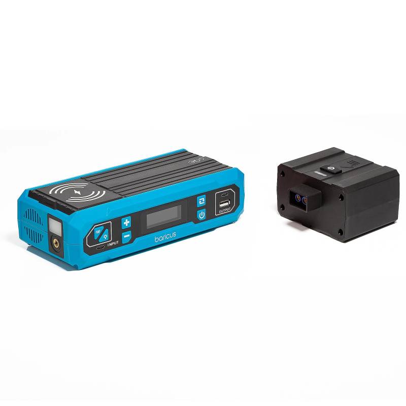 Baricus Starthilfe Powerbank mit Konverter auf 230V Steckdose - Induktives Laden - Kompressor - LED-Licht - Autostarter inkl. Transporttasche - B-Ware (Blau) von Baricus