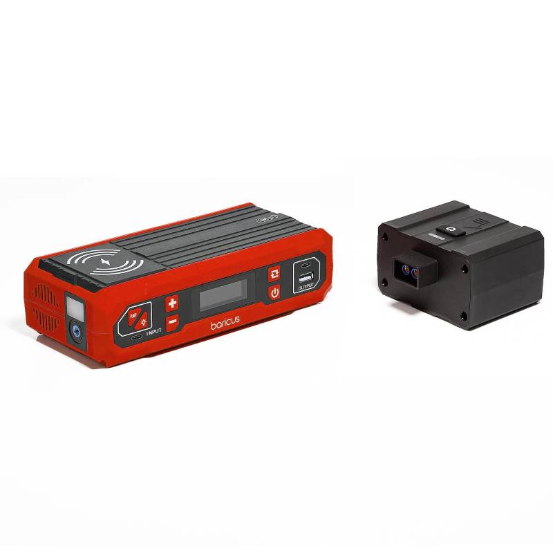 Baricus Starthilfe Powerbank mit Konverter auf 230V Steckdose - Induktives Laden - Kompressor - LED-Licht - Autostarter inkl. Transporttasche - B-Ware (Rot) von Baricus