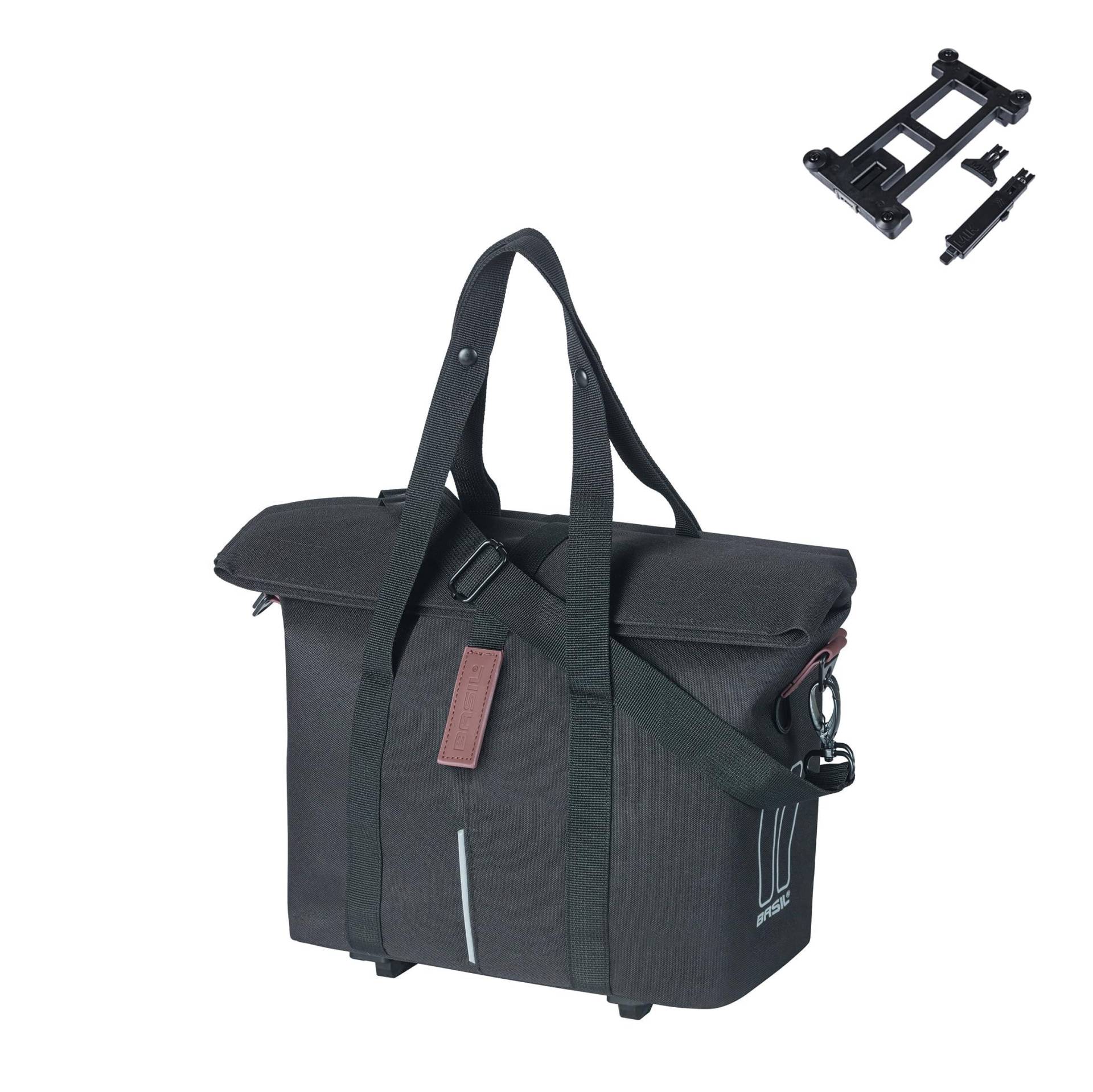 Basil City Fahrradhandtasche MIK - 8-11L, Schwarz, Wasserabweisend, Inkl. abschließbarem MIK & KF-System, Gepäckträgerhaken für vielseitige Befestigung von Basil