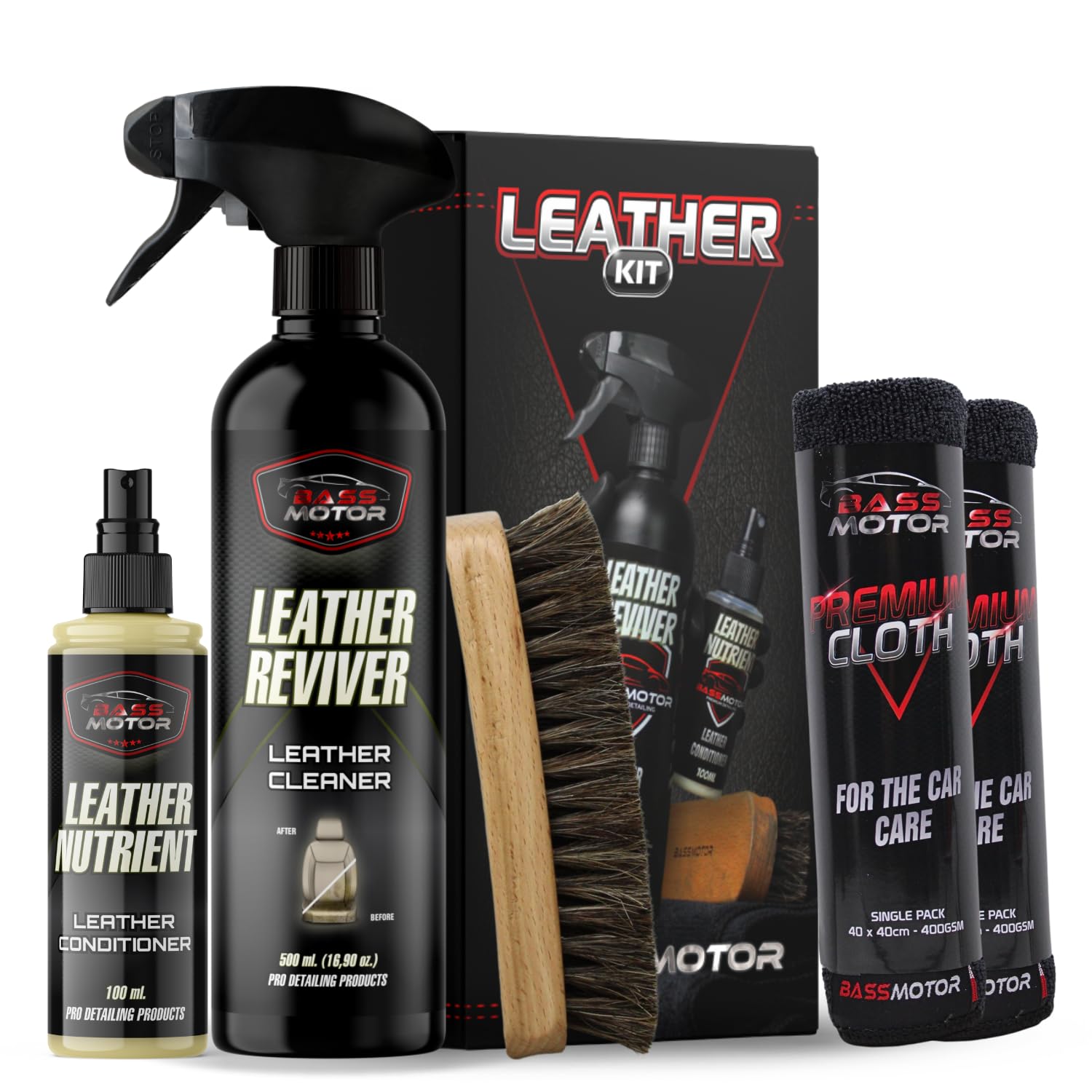 Bass Motor Lederreinigungs-Set für Autositze - Ledersitze aufbereiten mit Lederreiniger, Pflege, Polier-Bürsten und Tüchern – Auto-Polsterreiniger und Auto-Lederpflege innnen BassMotor - LEATHER REVIVER KIT von Bass Motor