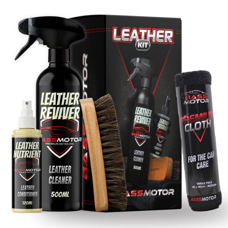 Bass Motor Lederreinigungs-Set für Autositze - Ledersitze aufbereiten mit Lederreiniger, Pflege, Polier-Bürsten und Tüchern – Auto-Polsterreiniger und Auto-Lederpflege innnen BassMotor - LEATHER REVIVER KIT von Bass Motor