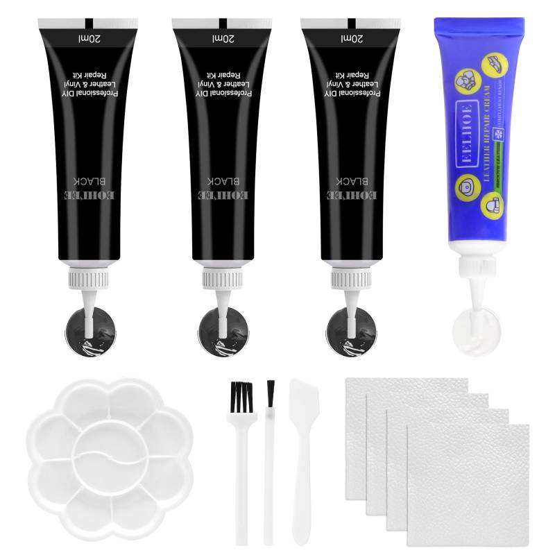 Bateya 4 Stück Leder Kratzer Reparatur Set Schwarz Lederreparatur Creme, Leder Restaurator Flüssigleder 20ml Leder Kratzer Reparaturpaste fur Autositze Sofa Lederbekleidung Ledertaschen von Bateya