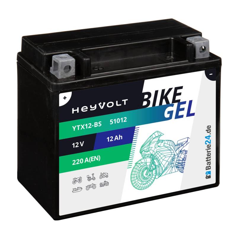 Batterie24.de HeyVolt GEL Motorradbatterie 12V 12Ah 51012 YTX12-BS CTX12-BS GTX12-BS GEL12-12-BS von Batterie24.de