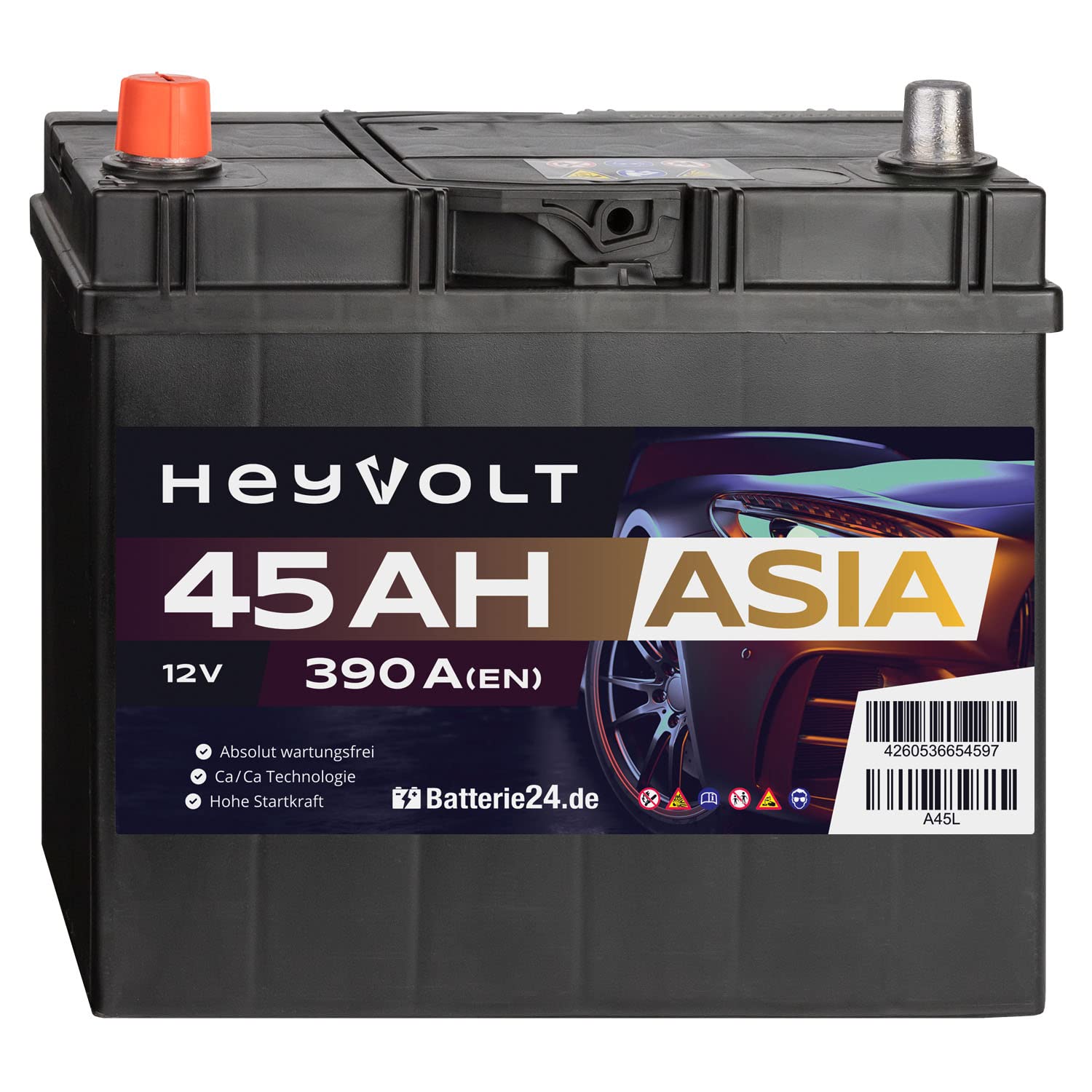 HeyVolt Asia Autobatterie 12V 45Ah 390A/EN Starterbatterie, absolut wartungsfrei, Pluspol Links von Batterie24.de