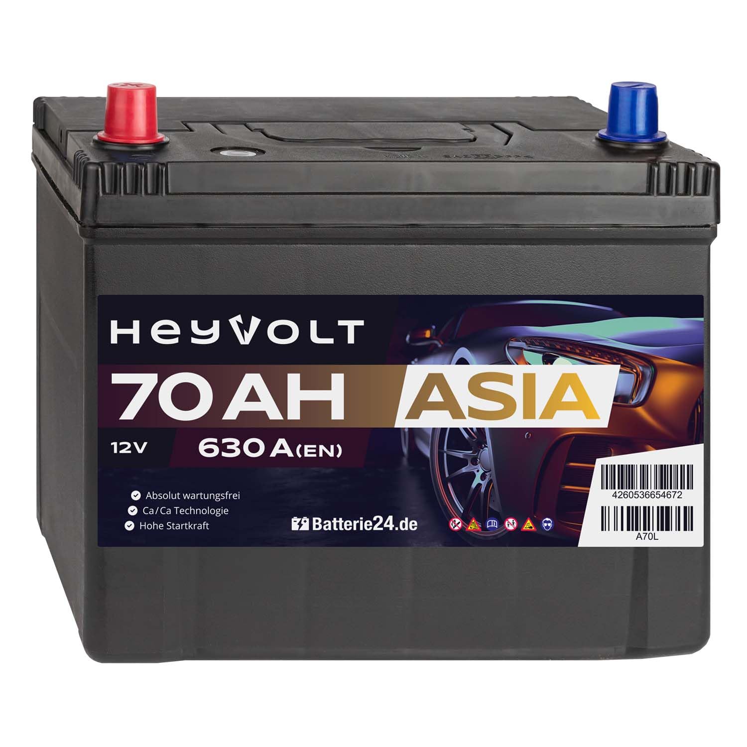 HeyVolt Asia Autobatterie 12V 70Ah 630A/EN Starterbatterie, absolut wartungsfrei, Pluspol Links von Batterie24.de