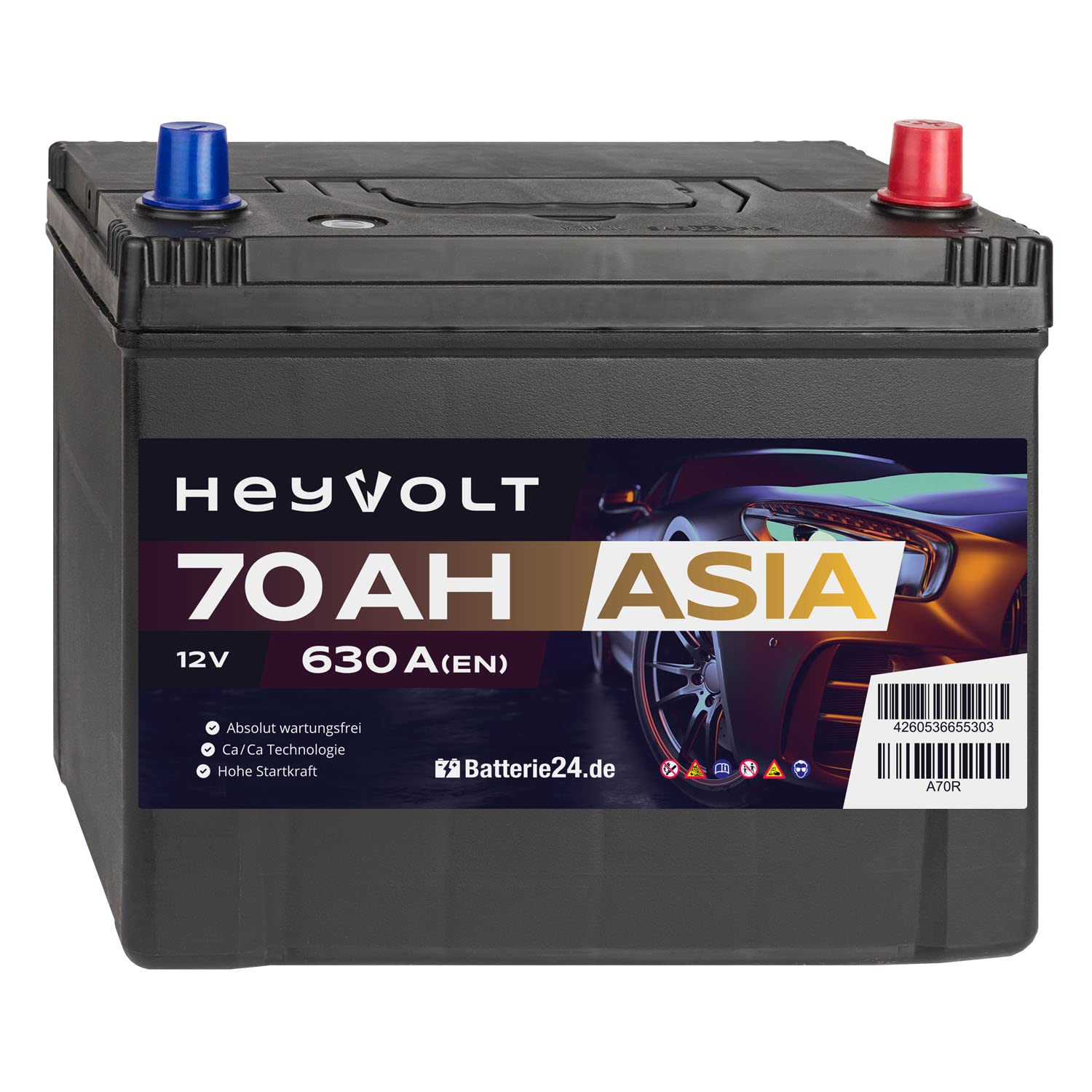HeyVolt Asia Autobatterie 12V 70Ah 630A/EN Starterbatterie, absolut wartungsfrei, Pluspol Rechts von Batterie24.de