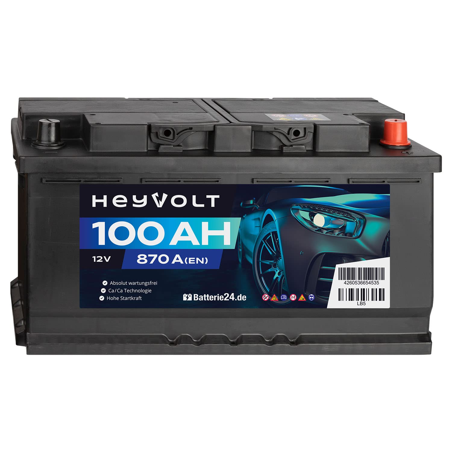 HeyVolt Autobatterie, lead acid, 12V 100Ah 870A/EN Starterbatterie, absolut wartungsfrei ersetzt 85Ah 88Ah 92Ah 95Ah, für PKW von Batterie24.de