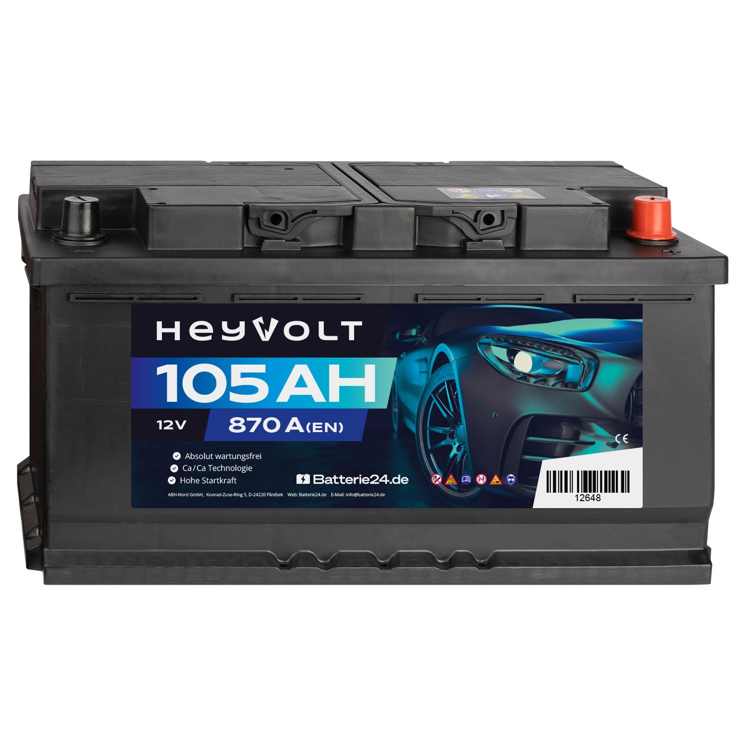 HeyVolt Autobatterie 12V 105Ah 870A, starke Leistung ersetzt Batterie 100Ah 105Ah, kompatibel mit PKW, Blei-Säure von Batterie24.de