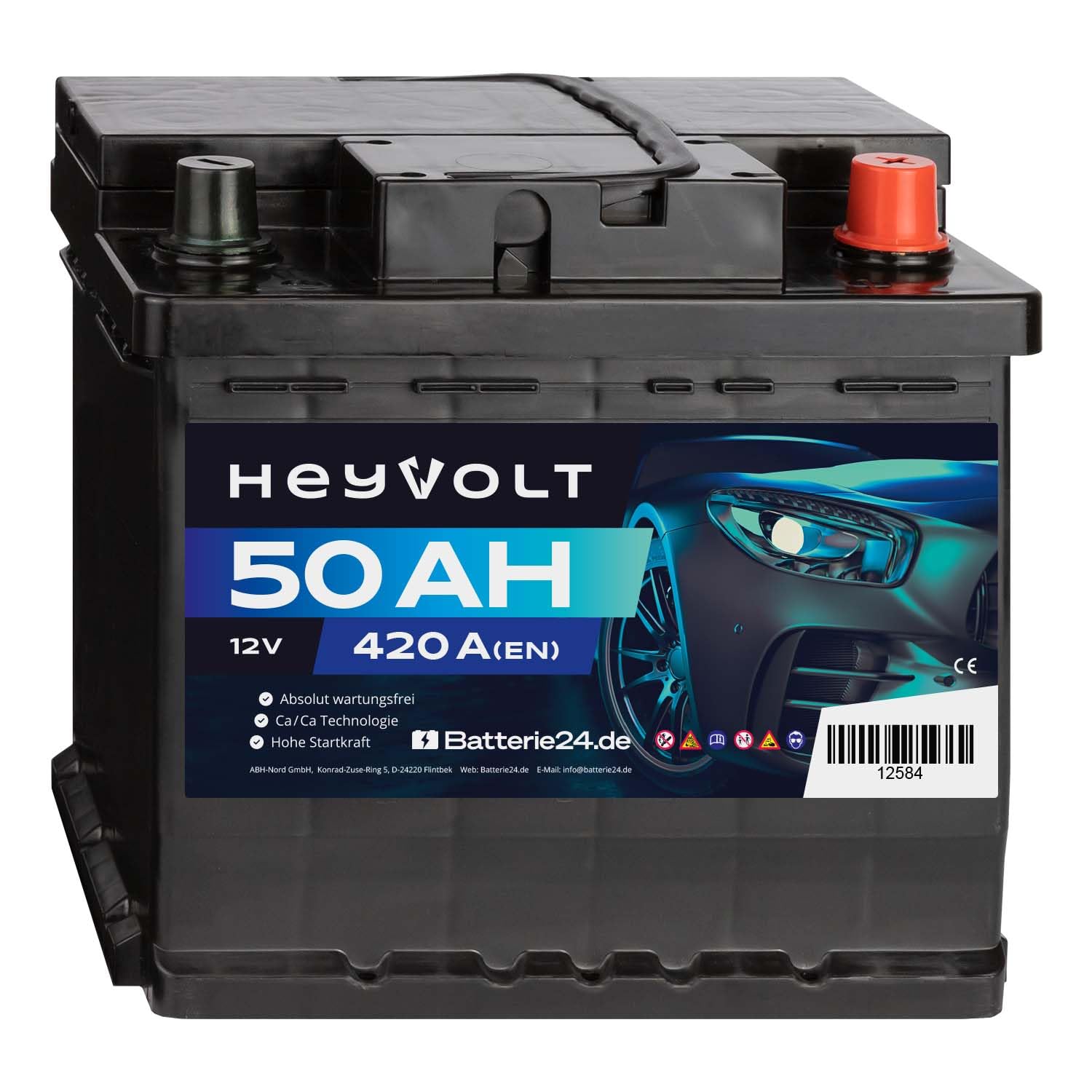 HeyVolt Autobatterie 12V 50Ah 420A Hochleistungs-Blei-Säure-Batterie, Langlebig, Kompatibel mit PKW von Batterie24.de