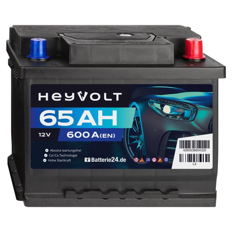 HeyVolt Autobatterie 12V 65Ah 600A/EN Starterbatterie, absolut wartungsfrei ersetzt 55Ah 56Ah 58Ah 60Ah 62Ah von Batterie24.de