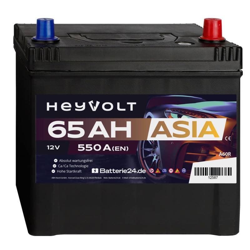 HeyVolt Autobatterie 12V 65Ah ASIA 550A Hochleistungs-Blei-Säure-Batterie, Langlebig, Kompatibel mit PKW, Pluspol Rechts von Batterie24.de