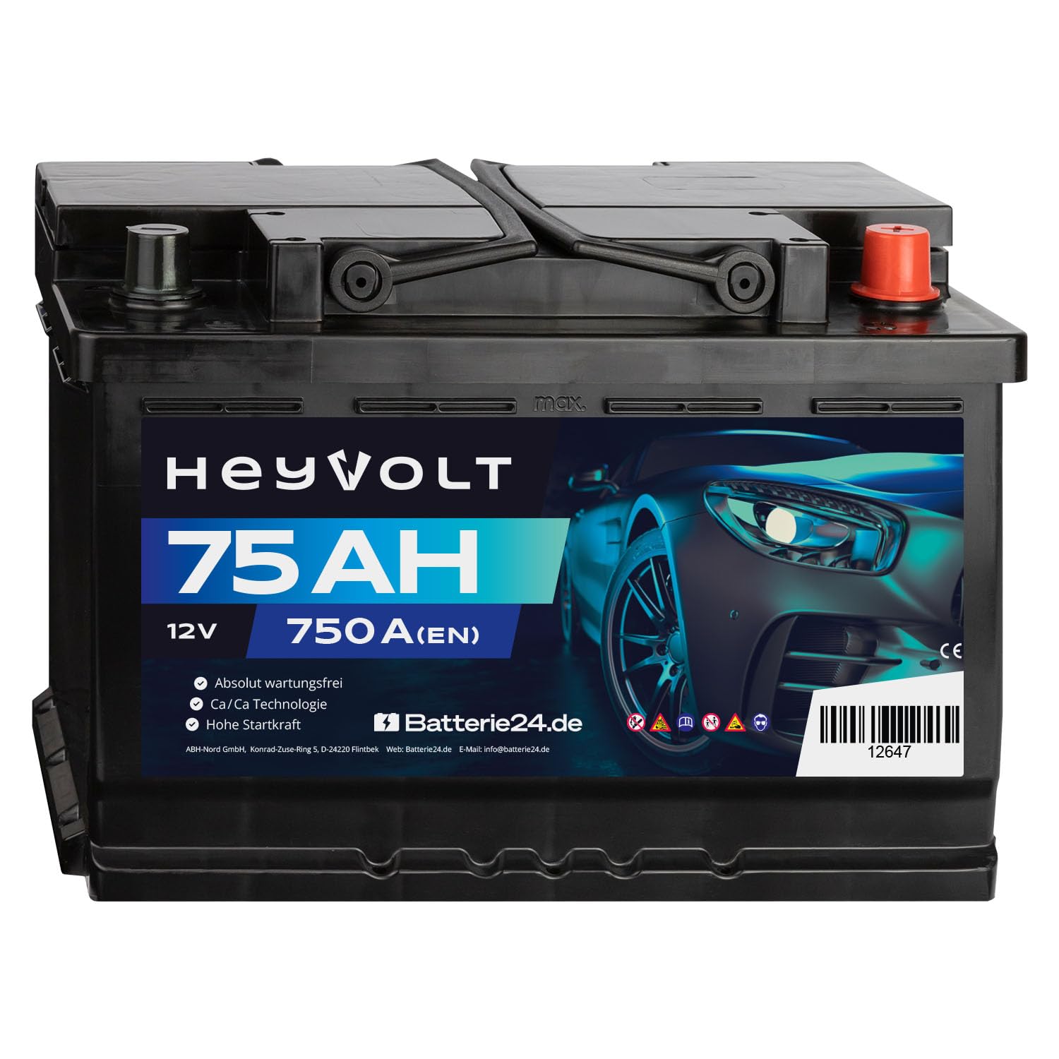 HeyVolt Autobatterie 12V 75Ah 750A Hochleistungs-Blei-Säure-Batterie, Langlebig, Kompatibel mit PKW von Batterie24.de