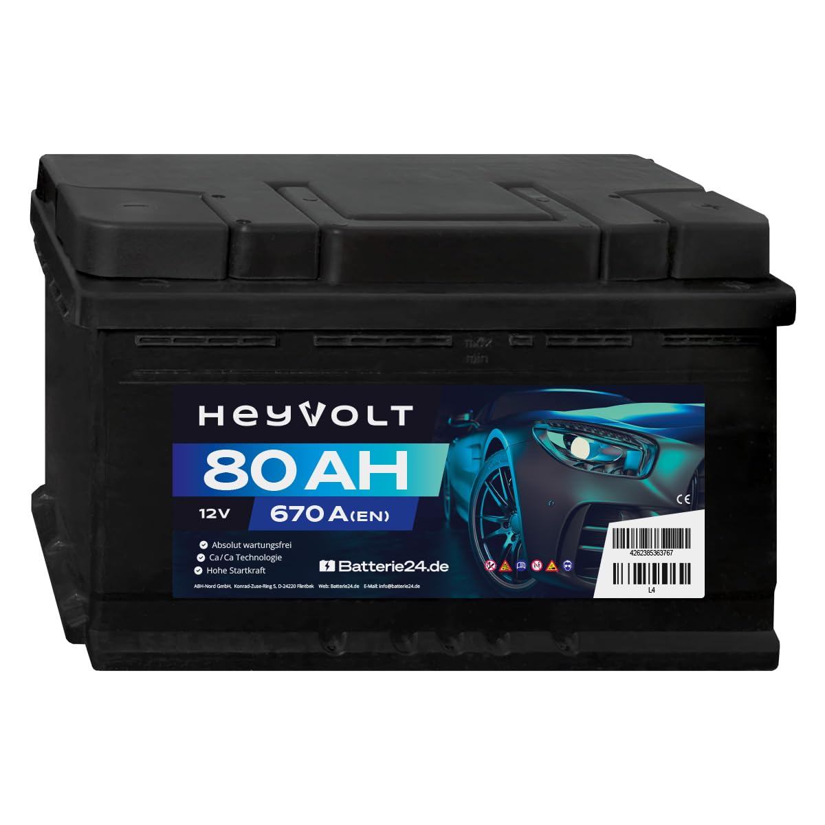 HeyVolt Autobatterie 12V 80Ah 670A Hochleistungs-Blei-Säure-Batterie, Langlebig, Kompatibel mit PKW, von Batterie24.de