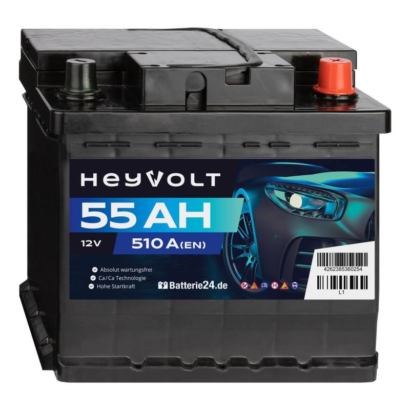 HeyVolt Autobatterie 12v 55Ah 510A Hochleistungs-Blei-Säure-Batterie, Langlebig, Kompatibel mit PKW von Batterie24.de