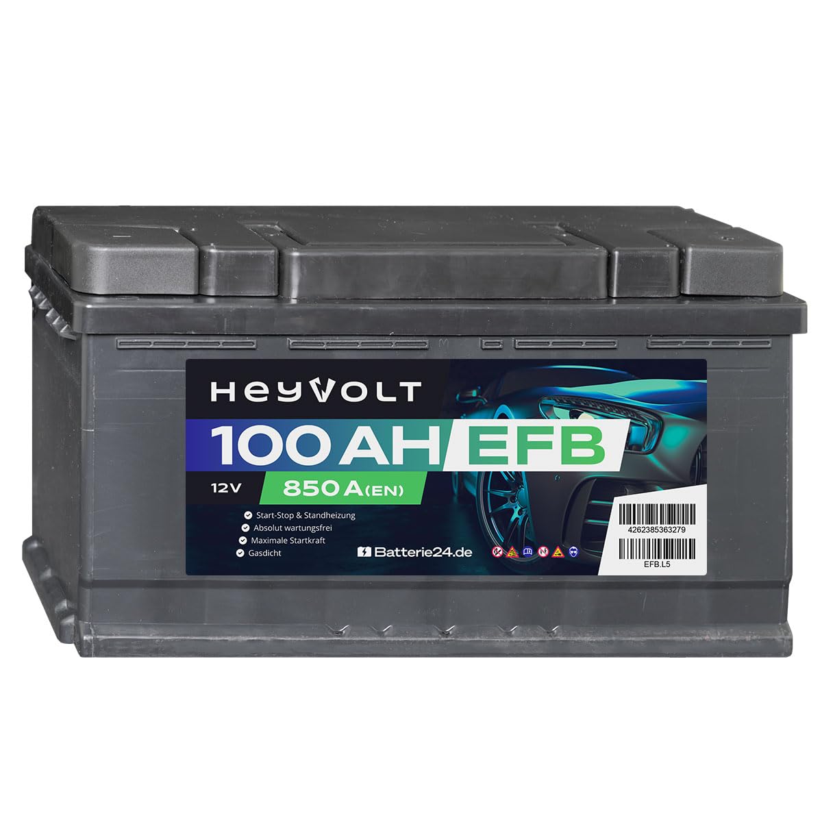 HeyVolt EFB Autobatterie 12v 100Ah 850A Hochleistungs-Blei-Säure-Batterie, Start-Stopp geeignet, Langlebig, Kompatibel mit PKW von Batterie24.de