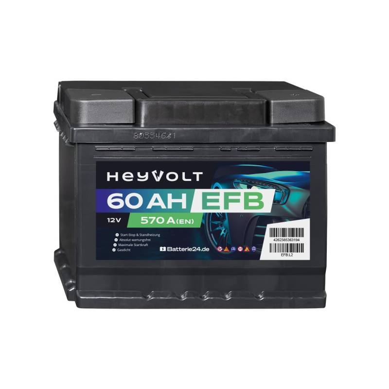 HeyVolt EFB Autobatterie 12v 60Ah 570A Hochleistungs-Blei-Säure-Batterie, Start-Stopp geeignet, Langlebig, Kompatibel mit PKW von Batterie24.de