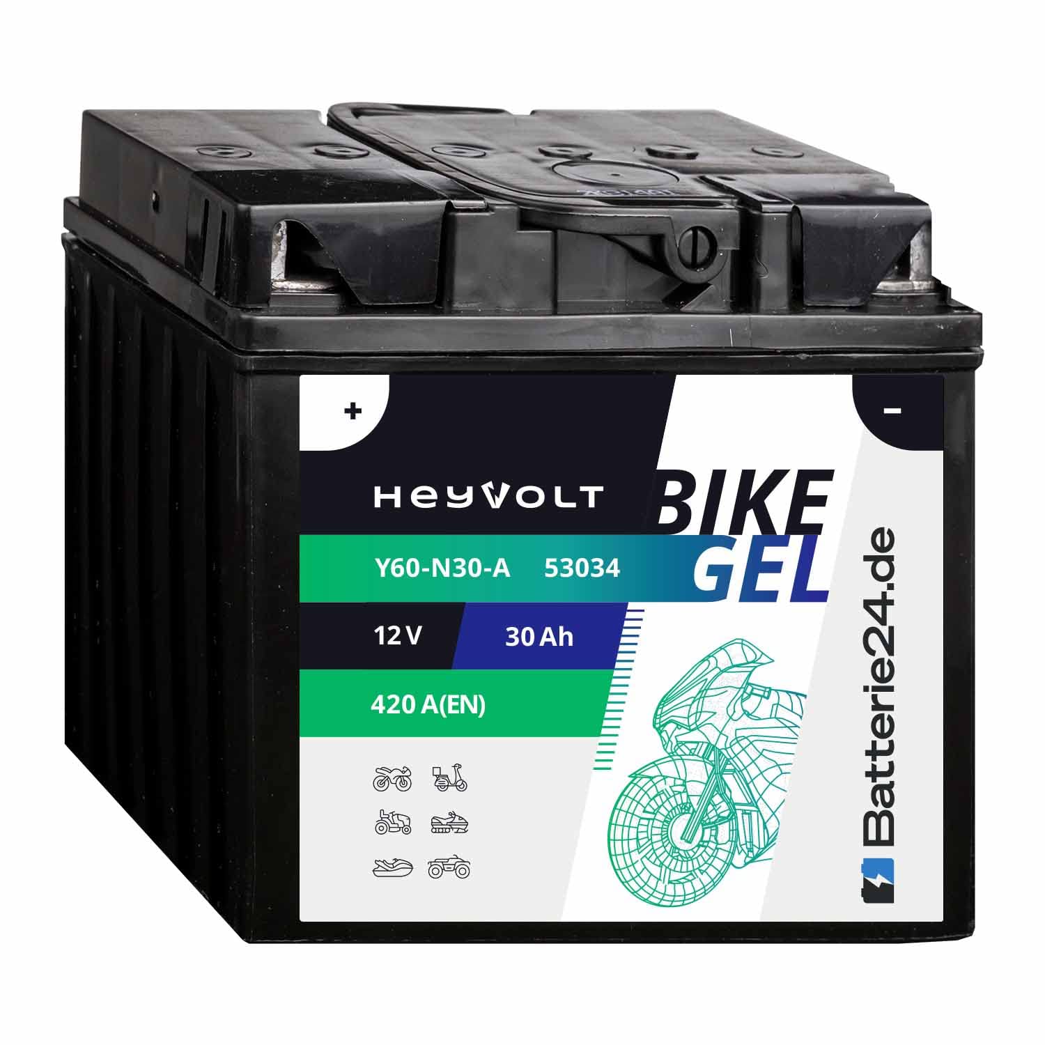 HeyVolt GEL Motorradbatterie 12V 30Ah Y60-N30-A 53034 C60-N30-A von Batterie24.de