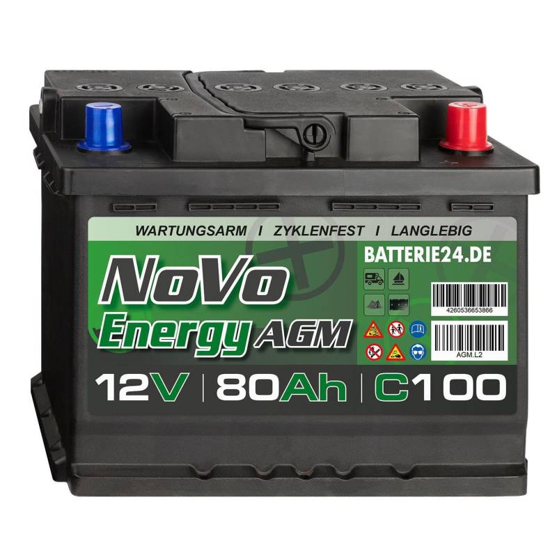 Novo Energy AGM 12V Batterie 80Ah Starterbatterie, Start-Stopp & Standheizung geeignet, absolut wartungsfrei, für PKW, Wohnmobil von Batterie24.de