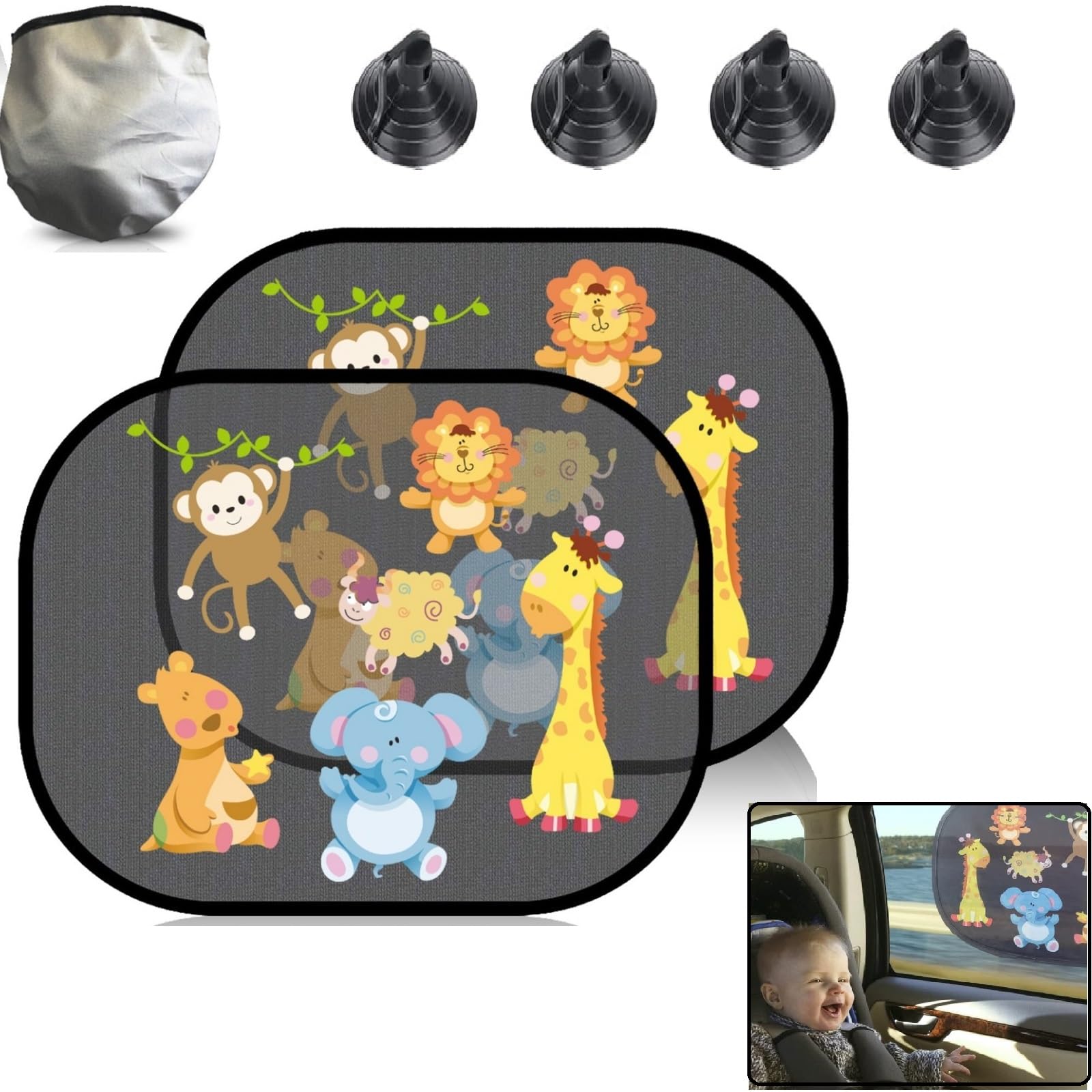 Set Sonnenschutz Auto Baby mit UV Schutz,44x35 cm Autofenster Sonnenschutz für Kinder,Universal Sonnenblende,Auto Fenster Sonnenschutz mit 4 Saugnäpfen für Kinder mit Süßen Tier Motiven (2 Stück) von Bavooty