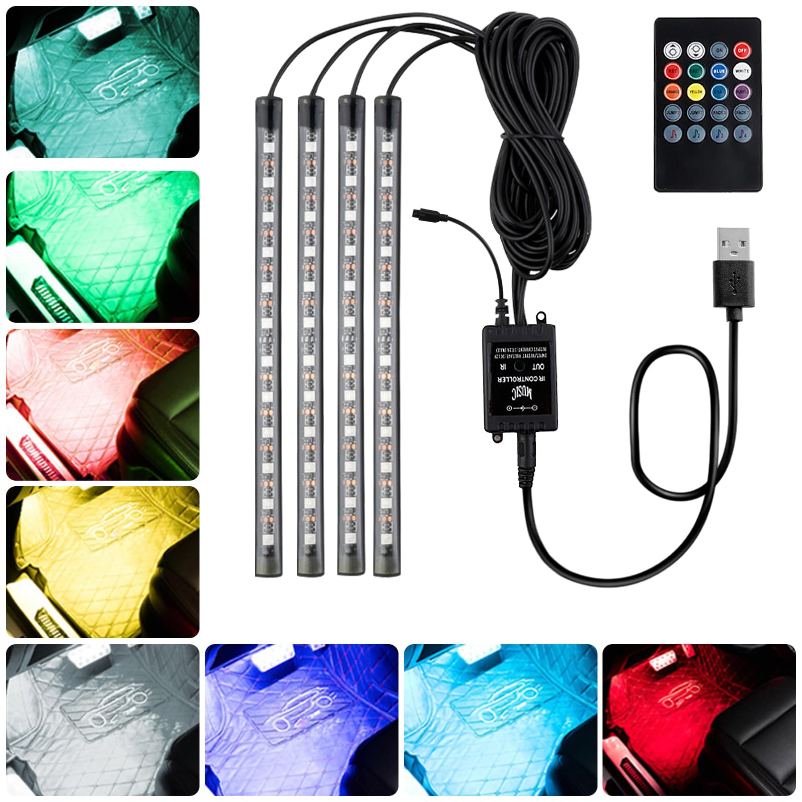 Baxcdyswe 4 Pieces, 48 Strip Ambientebeleuchtung Auto, Waterproof Auto LED Innenbeleuchtung, Fußraumbeleuchtung Auto, Lighting Multicoloured Music Ambient Lighting With Mit USB-Port und Fernbedienung von Baxcdyswe