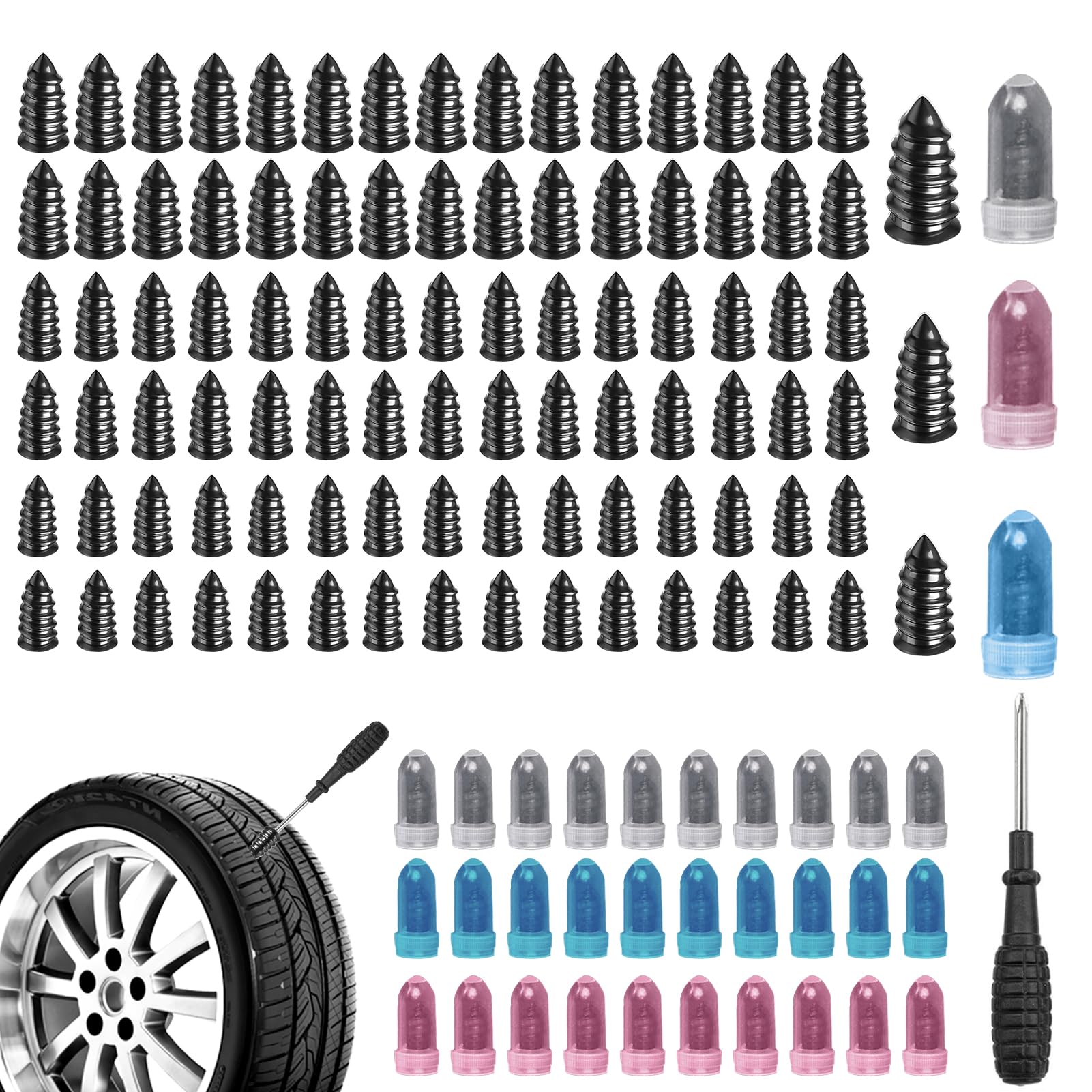 Beatific 90 Stück Reifenreparaturset Auto, Vakuum Reifen Reparatur Nagel, Schlauchlose Reifen Reparaturset, Reifenreparatur Gumminägel mit Schraubendreher, für Auto LKW Motorrad Fahrrad (30S+30M+30L) von Beatific