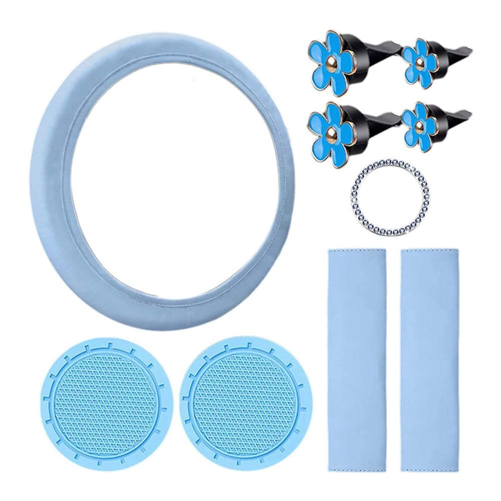 Begchy 10-Teiliges Lenkradbezug-Set für Damen, Süßes Autozubehör-Set mit Sicherheitsgurt, Schulterpolstern, Getränkehaltern, Blau von Begchy