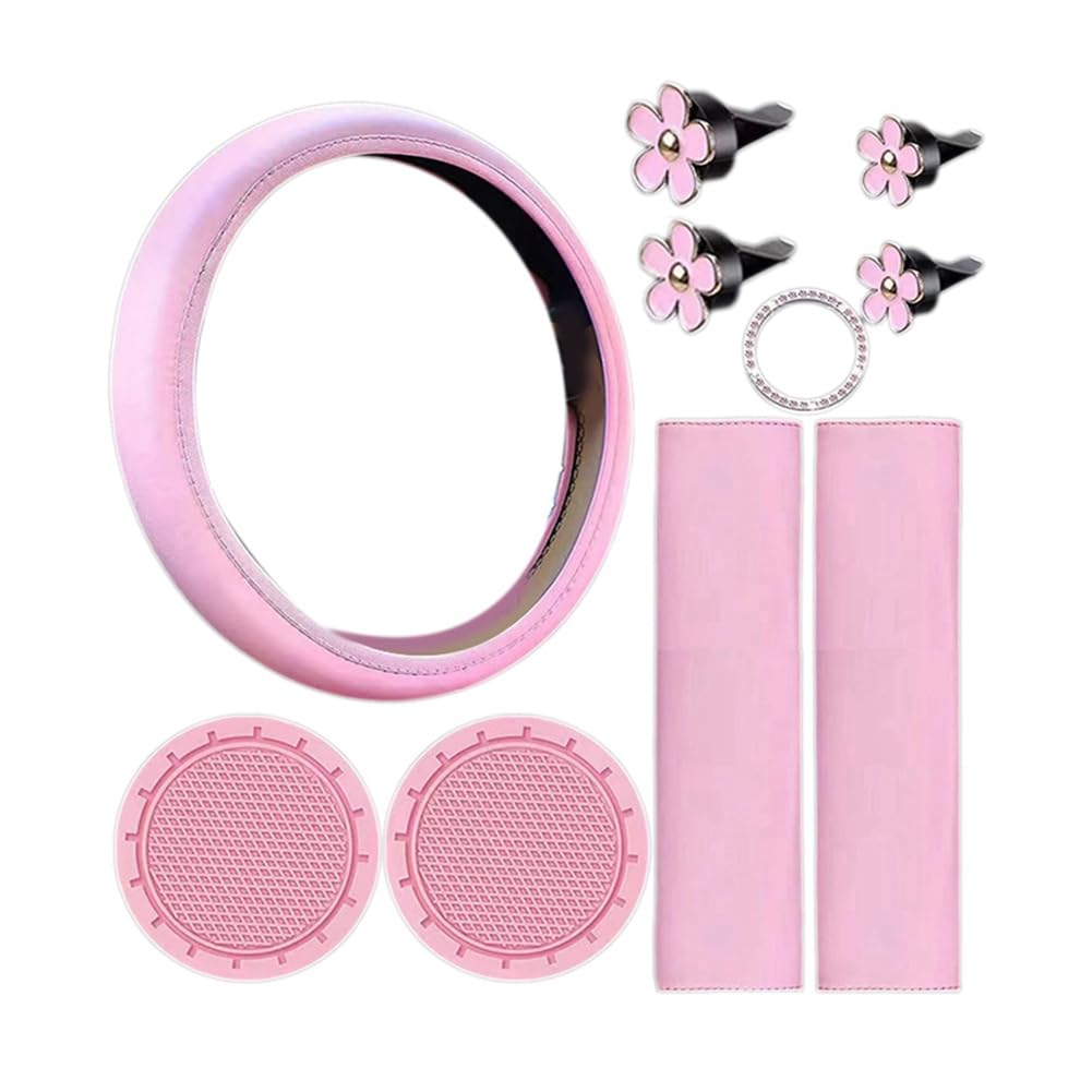 Begchy 10-Teiliges Lenkradbezug-Set für Damen, Süßes Autozubehör-Set mit Sicherheitsgurt, Schulterpolstern, Getränkehaltern,Rosa von Begchy