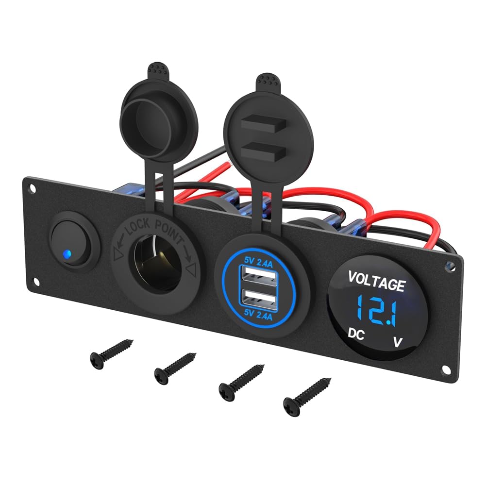 Begchy 4-In-1 12-V-USB-Panel + LED-Voltmeter & Dual-USB-Ladebuchse & Zigarettenanzünderbuchse & Kippschalter-Panel Blau von Begchy