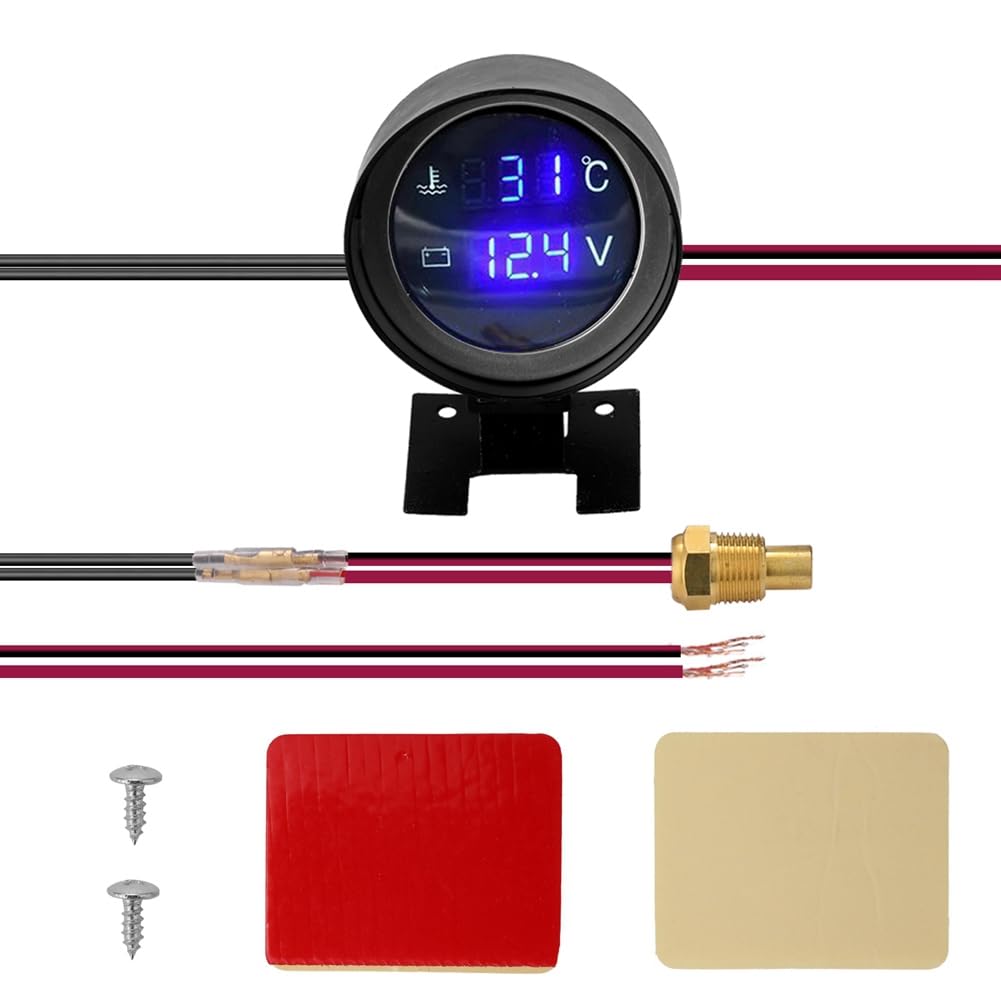 Begchy Runde LED-Digital-Wassertemperaturanzeige für Auto und, Temperatursensor, Temperaturanzeige für Motorräder + Voltmeter, Voltspannungsmesser, 2-In-1-B von Begchy