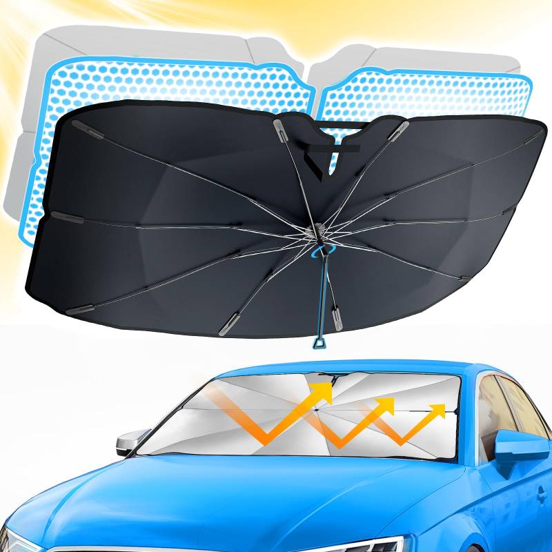 Sonnenschutz Auto Frontscheibe 145*79CM, Behozel 2024 Upgrade Wärmeisolierender Sonnenschirm Auto 360° Drehbar Faltbarer, UV-Schutz, Einfache Lagerung, Kante Kratzfest Innen für Meisten Auto & SUV(XL) von Behozel