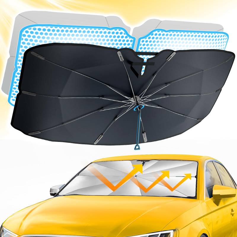 Sonnenschutz Auto Frontscheibe, Behozel 135 * 70CM Wärmeisolierender Sonnenschirm Auto 360° Drehbar Faltbarer, Doppelschichtiges Titansilbergewebe UV-Schutz, Kante Kratzfest für Meisten Auto & SUV(S) von Behozel