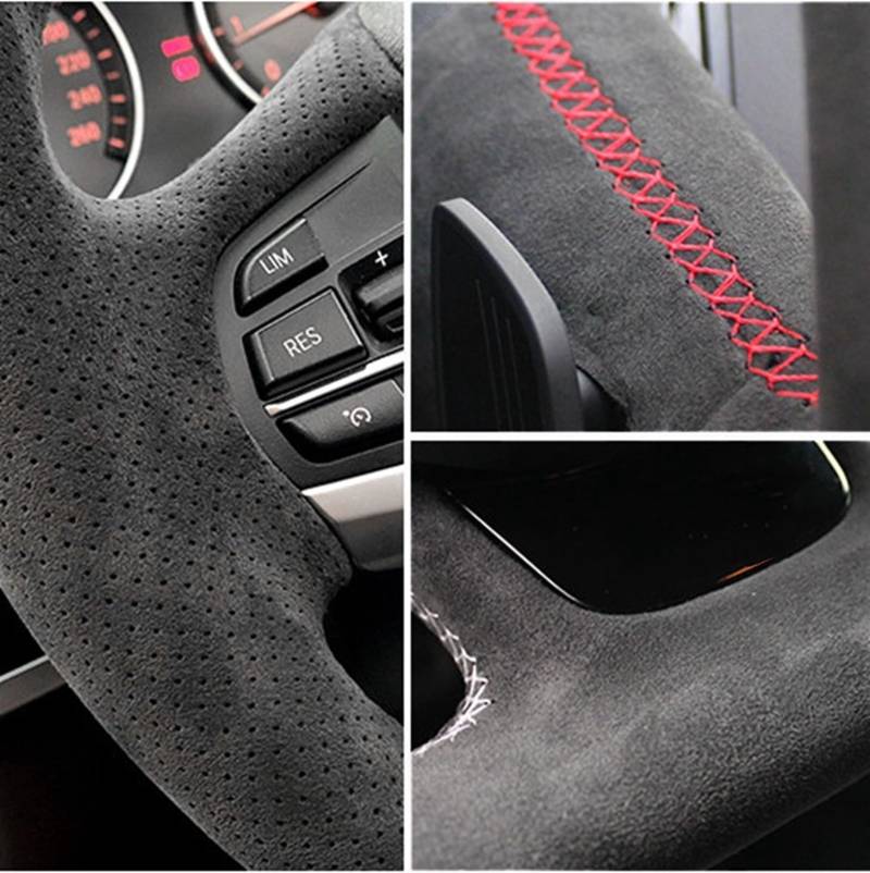 Lenkradhülle Für Golf 5 Für Mk5 Für GTI Für Golf 5 Für R32 Für Passat R Für GT 2005 Auto Lenkrad Abdeckung Schwarz Wildleder Hand-genäht Lenkrad Abdeckung (Color : Red Thread) von BeiZhengbhD