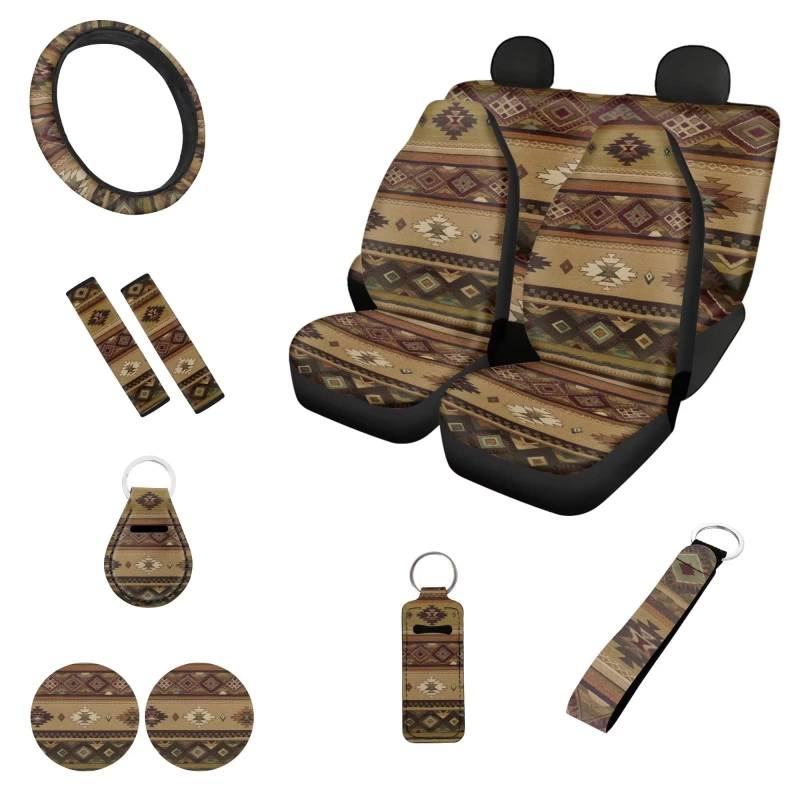 Belidome 12 Stück Aztec Tribal Auto vorne hinten Sitzbezüge Fahrzeug Lenkrad Protector Sicherheitsgurt Pads Chapstick Halter Untersetzer Schlüsselanhänger Universal Zubehör, Einheitsgröße von Belidome