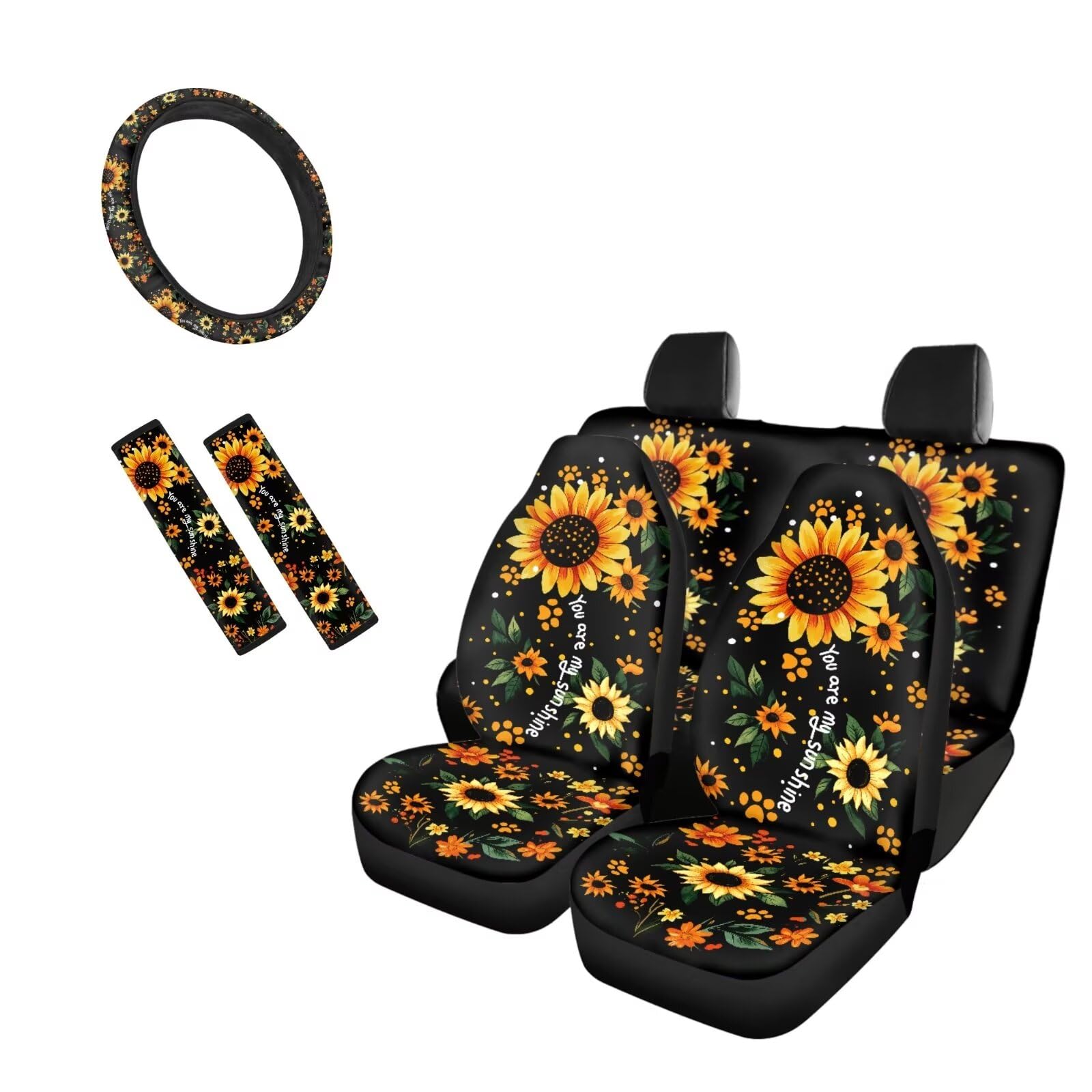 Belidome Auto-Sitzbezüge, Motiv: Sonnenblume, Hundepfote, komplettes Set, 7-teilig, Autozubehör, Lenkradschutz, Sicherheitsgurtpolster, You Are My Sunshine von Belidome