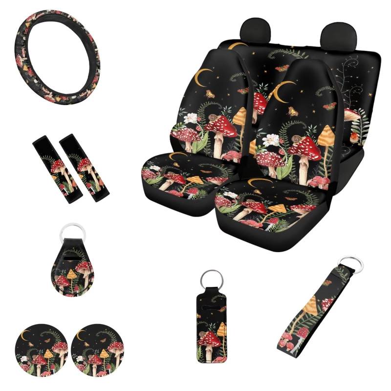 Belidome Autositzbezüge, Pilzschnecke, komplettes Set für Herren, Sicherheitsgurtpolster, Lenkradschutz, Untersetzer, Schlüsselanhänger, Chapstick-Halter, 12 Stück, Einheitsgröße von Belidome