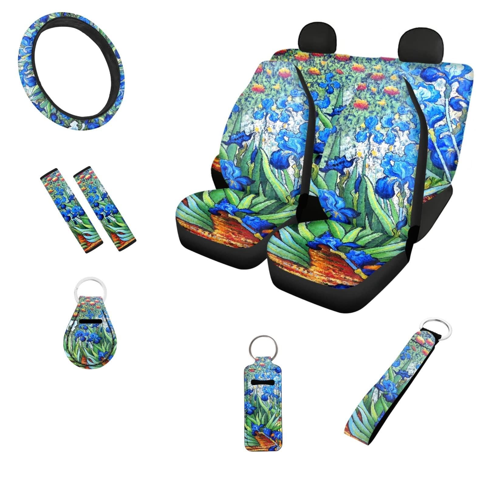 Belidome Autositzbezüge, vollständiges Set, Lenkradbezug, Sicherheitsgurtpolster, Chapstick-Halter, Untersetzer, Schlüsselanhänger, passend für die meisten Autos, 12 Stück, Van Gogh Iris im Garten, von Belidome