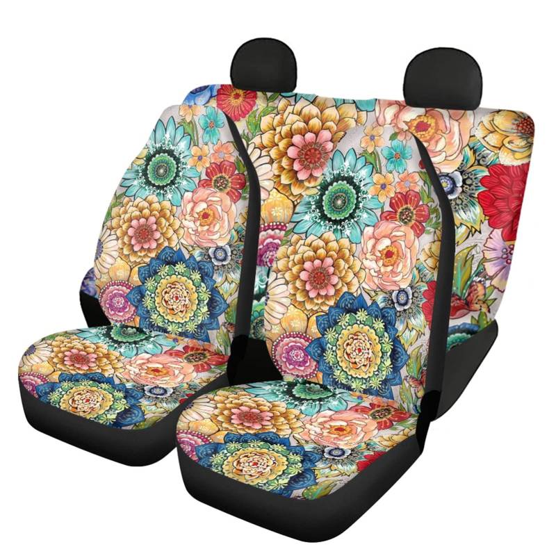 Belidome Autositzbezüge mit Boho-Mandala-Blume, für Vorder- und Rückseite, weiches Stretch, Autozubehör, universelle Passform von Belidome