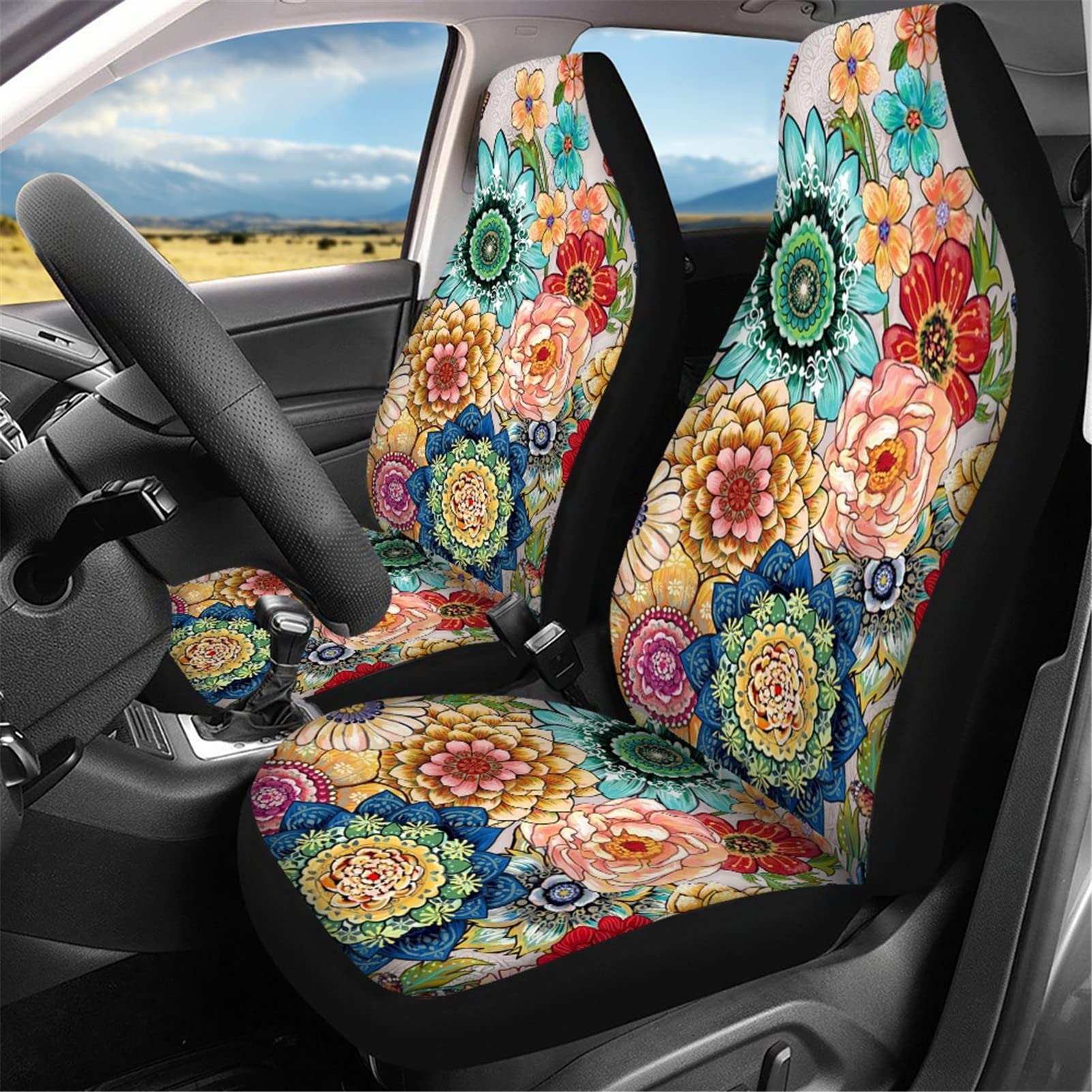 Belidome Autositzbezüge mit Boho-Mandala-Blumen-Design für Damen, strapazierfähige Auto-Dekoration, 2er-Pack von Belidome