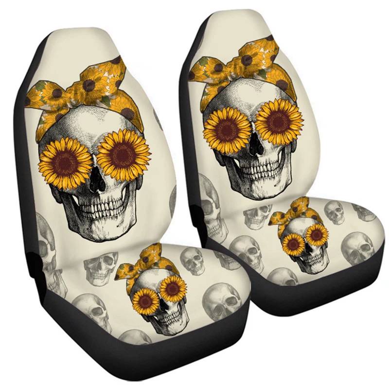 Belidome Autositzbezüge mit Totenkopf-Sonnenblumen-Motiv, komplettes Set, universell für die meisten Fahrzeuge von Belidome