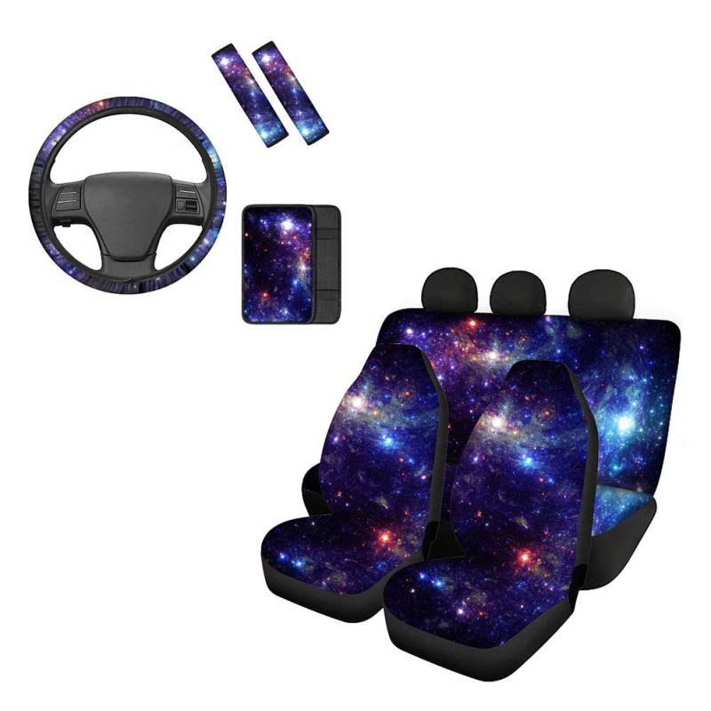 Belidome Blue Galaxy Sternenhimmel Muster Auto Sitzbezüge für vorne hinten komplettes Set Sicherheitsgurtpolster Lenkradschutz Armlehnenbezug 8 Stück von Belidome